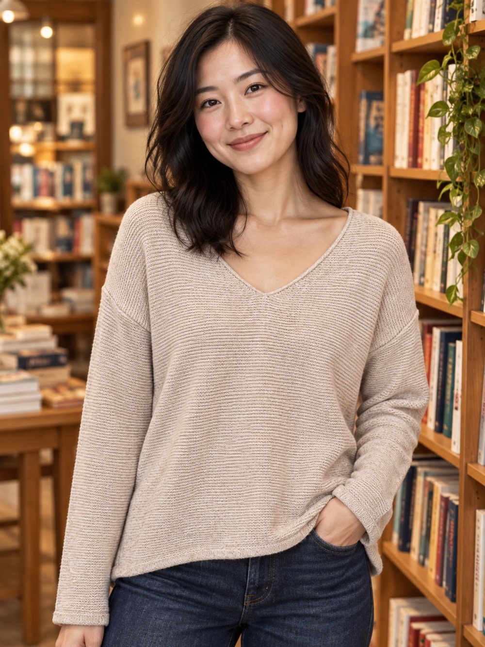 Old Navy Women's V-Neck Relaxed Sweater in Light Heathered Blush